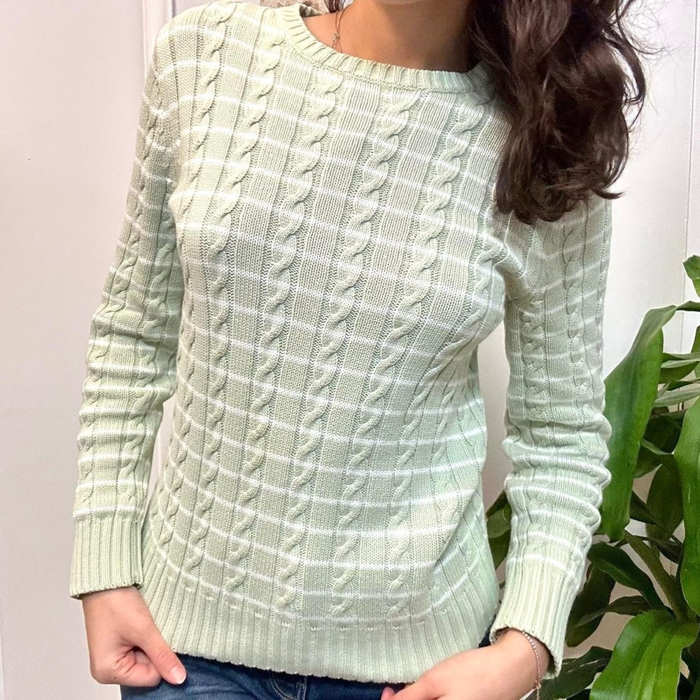 Pastel Green & White Cable Knit Cotton Sweater 🤍
